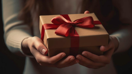 Girl's Hands Holding a Gift Box with Ribbon: An AI-Generated Imageの素材