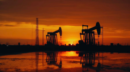 Sunset over an oil field with a plant and a pump jack (AI generated image)の素材