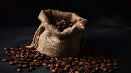 Dark background with coffee grains and sackcloth texture (AI generated image)の素材
