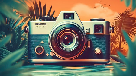 ea and palm trees background with a camera (AI generated image)の素材