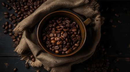 Sackcloth with coffee grains on a dark background (AI generated image)の素材