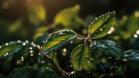 Green Leaves with Dew Drops and Sparkles (AI Generated)の素材