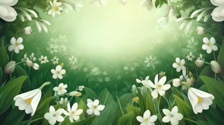 Green Background with White Flowers and Text Space (AI Generated)の素材