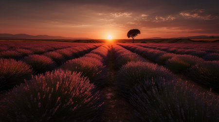 Lavender Field at Sunset with Horizon View (AI Generated)の素材