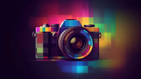 Cartoon camera with colorful swirls on a black background (AI generated image)の素材