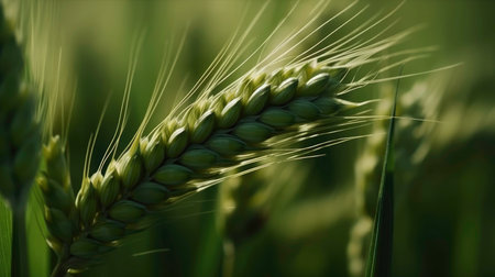 Ears of wheat on a green background. close-up.の素材