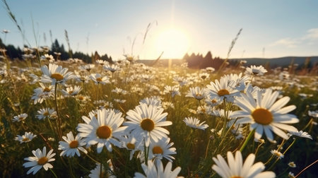 Field of daisies at sunset in the Carpathian mountainsの素材