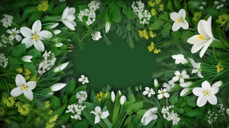White flowers and green leaves on a green background with copy space.の素材