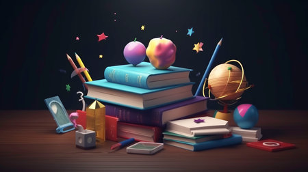 pile of books and other school supplies on wooden table, 3d illustrationの素材