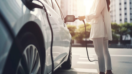 Focus EV charger plug and electric car at public charging station.Generated by AIの素材