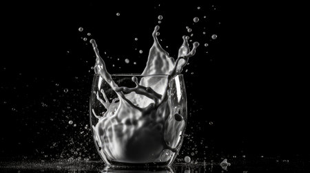 Splashes of milk,milk in a glass.black background. Generated by AIの素材