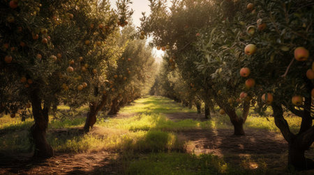 Orchard in sunshine. Generated by AIの素材