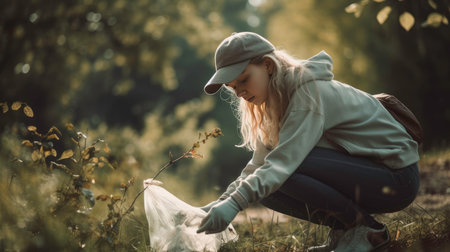 No pollution is always the solution. a young woman picking up litter at a Par.Generated by AIの素材