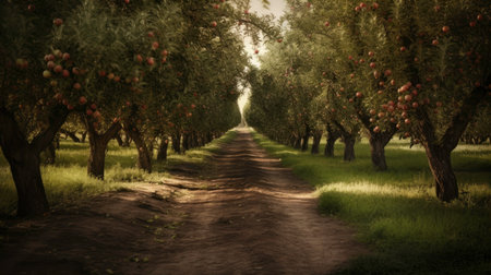 Orchard in sunshine. Generated by AIの素材