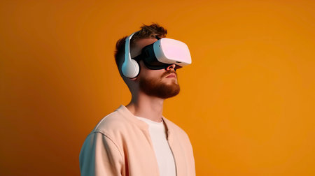 man with VR glasses virtual and enjoying , Young man watching in vr headset , People lifestyle.Generated by AIの素材