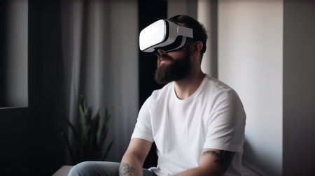 man with VR glasses virtual and enjoying , Young man watching in vr headset , People lifestyle.Generated by AIの素材