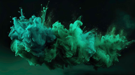 color mist. Ink water. haze texture. fantasy night sky. Blue green shiny glitter steam cloud blend on dark black abstract art background.Generated by AIの素材