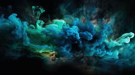 paint drops. Ink water. Explosion smoke. Colorize color fluid splash vapor cloud on glitter dust texture Green abstract art background.AI-generatedの素材
