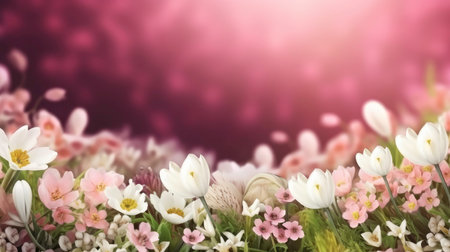 Floral Abundance on a Pink Surface with Copy Space (AI Generated)の素材