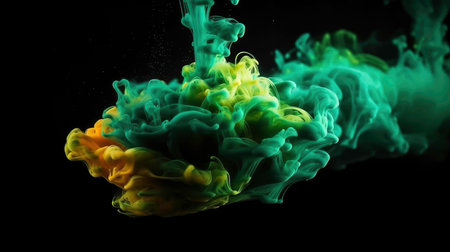 color mist. Ink water. haze texture. fantasy night sky. Blue green shiny glitter steam cloud blend on dark black abstract art background.Generated by AIの素材