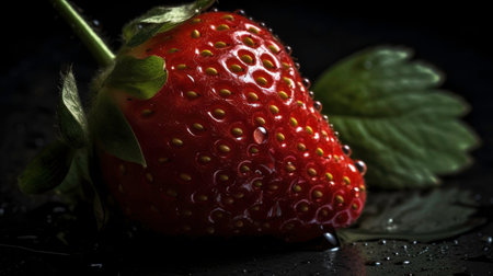 strawberries with green leaves on a black background. Generated by AIの素材