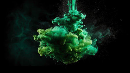 color mist. Ink water. haze texture. fantasy night sky. Blue green shiny glitter steam cloud blend on dark black abstract art background.Generated by AIの素材