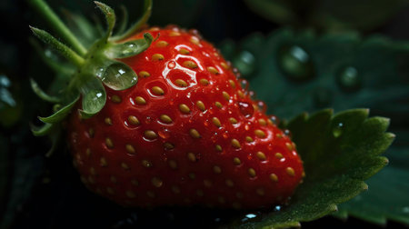 strawberries with green leaves on a black background. Generated by AIの素材