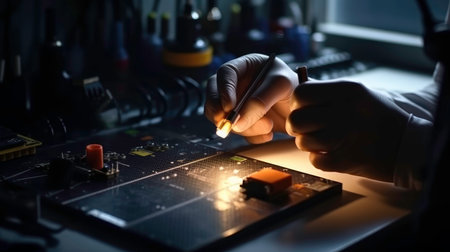 Technology solar cell , Silhouette technician inspection and repair solar cell.Generated by AIの素材