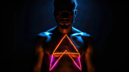 Transformation.man with neon triangle digital light reflection on body. Concept of modern photography, art, cyberpunk, techno, creativity, futurism.Generated by AIの素材
