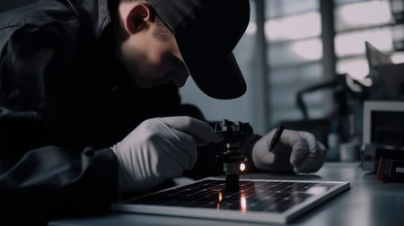 Technology solar cell , Silhouette technician inspection and repair solar cell.Generated by AIの素材