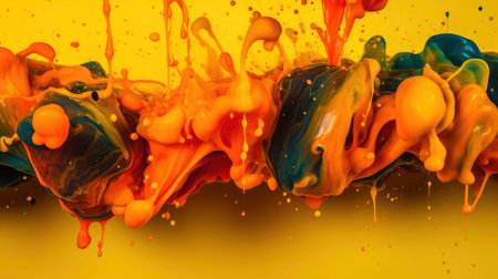 colored fluids on a yellow background.Paint drop. Ink water. Explosion smoke.AI-generatedの素材