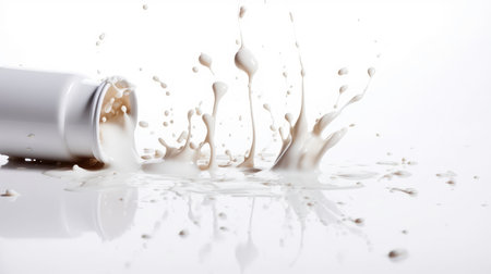 Splashes of milk from an inverted vessel, on a white background. Generated by AIの素材