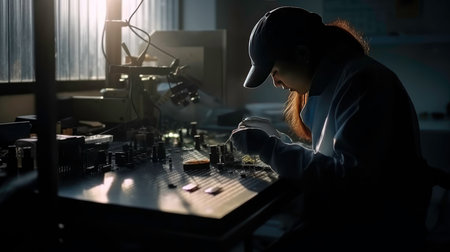 Technology solar cell , Silhouette technician inspection and repair solar cell.Generated by AIの素材