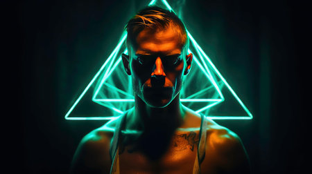 Transformation.man with neon triangle digital light reflection on body. Concept of modern photography, art, cyberpunk, techno, creativity, futurism.Generated by AIの素材