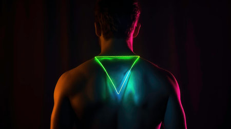 Transformation.man with neon triangle digital light reflection on body. Concept of modern photography, art, cyberpunk, techno, creativity, futurism.Generated by AIの素材