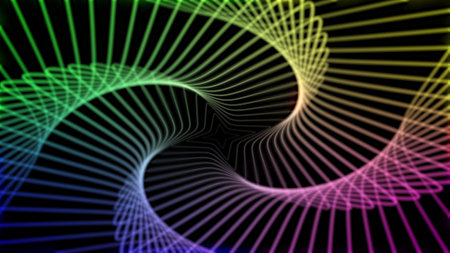 neon triangular tunnel moving into the distance, neon geometric background, abstract 3D background...