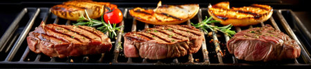 Barbecue Food Cooking on Grill with Black Background Generated by AIの素材