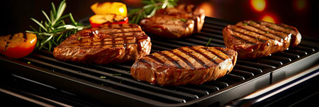 Barbecue Food Cooking on Grill with Black Background Generated by AIの素材