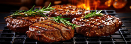 Barbecue Food Cooking on Grill with Black Background Generated by AIの素材