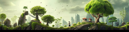 Picture of Green Hills with Trees and Houses Generated by AIの素材