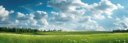 Bright Clouds on the Blue Sky over the Green Lawn generated by AIの素材