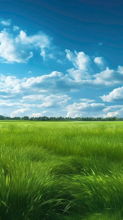 Colorful Contrast of Green Lawn and Sky with Clouds generated by AIの素材