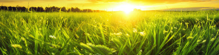 A Green Lawn under a Colorful Sunset: A Peaceful Scenery Generated by AIの素材