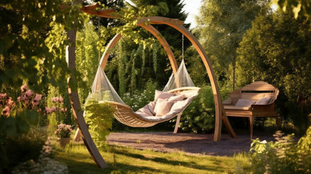 A Green and Sunny Yard with a Hammock Generated by AIの素材