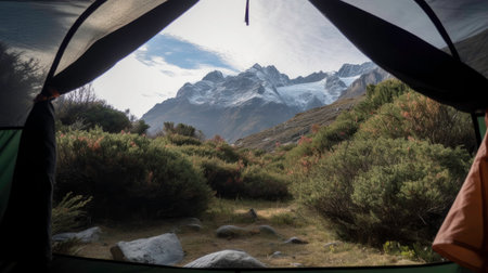 A View from Inside a Tent: A Beautiful Mountain Landscape Generated by AIの素材