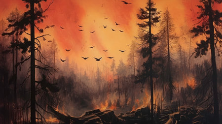 Forest Fire: A Nightmare for Wildlife. Generated by AI.の素材