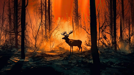 Forest Fire: A Nightmare for Wildlife. Generated by AI.の素材