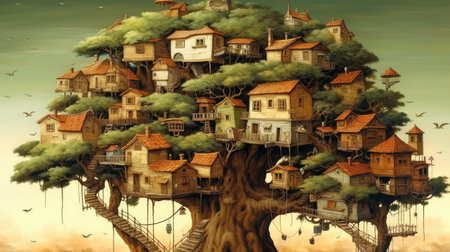 A Large Tree with a Lot of Houses on Its Branches: A Fantasy Design - Generated by AIの素材