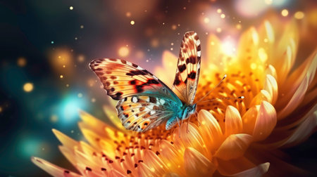Bright and Vivid Image of a Butterfly and Flowers in the Park generated by AIの素材