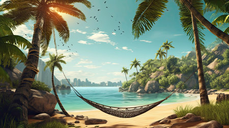 Summer Vacation: Hammock and Palm Trees on the Beach generated by AIの素材